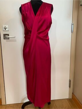 Diane Von Furstenberg NWT 10 Satin Draped V-Neck Sleeveless Dress in Magenta